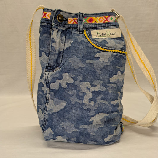 Recycled Denim Camo Crossbody Bag with Yellow and Orange Trim