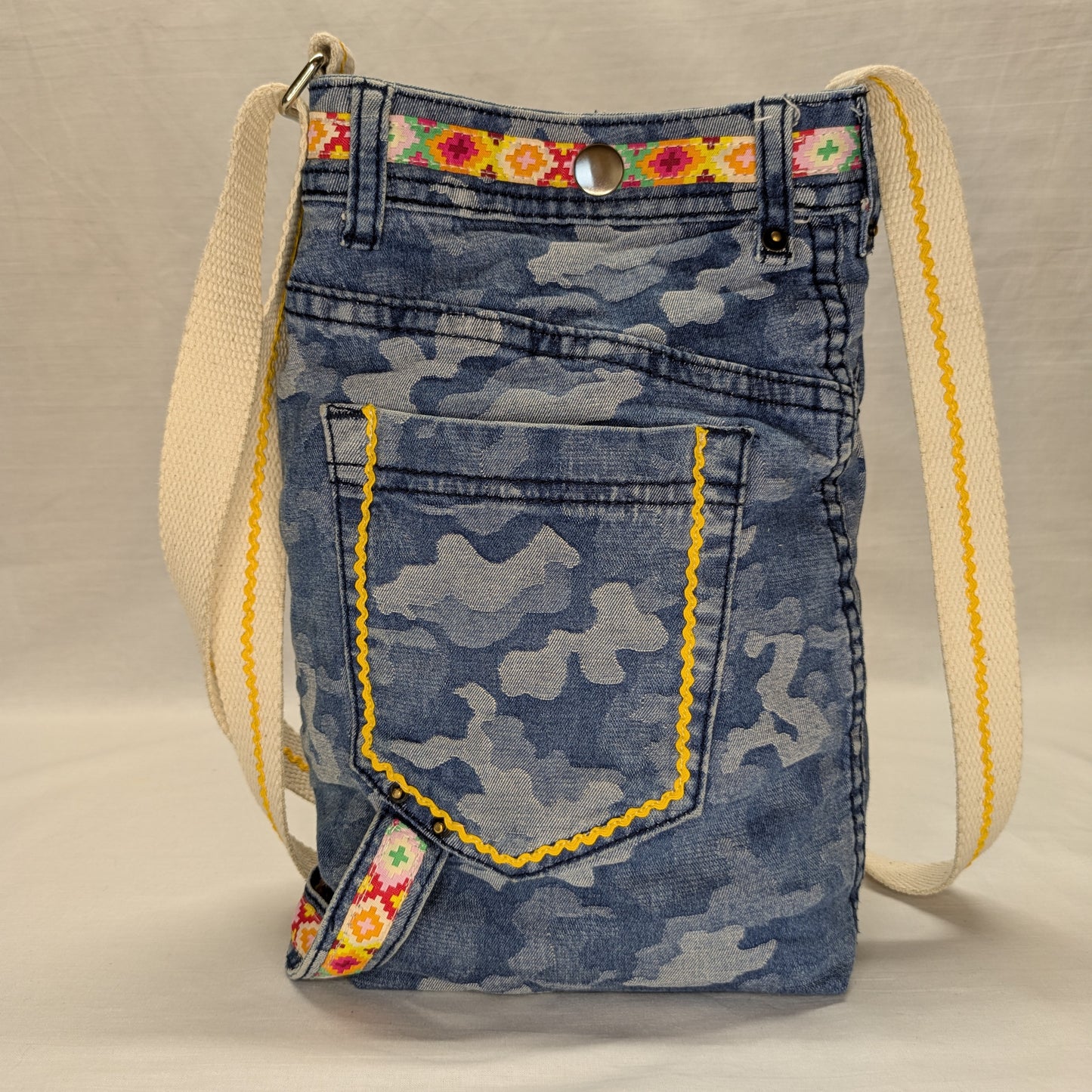 Recycled Denim Camo Crossbody Bag with Yellow and Orange Trim