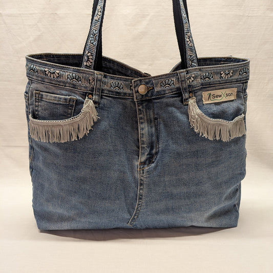 Recycled Denim Fringed Tote Bag with Blue Floral Lining