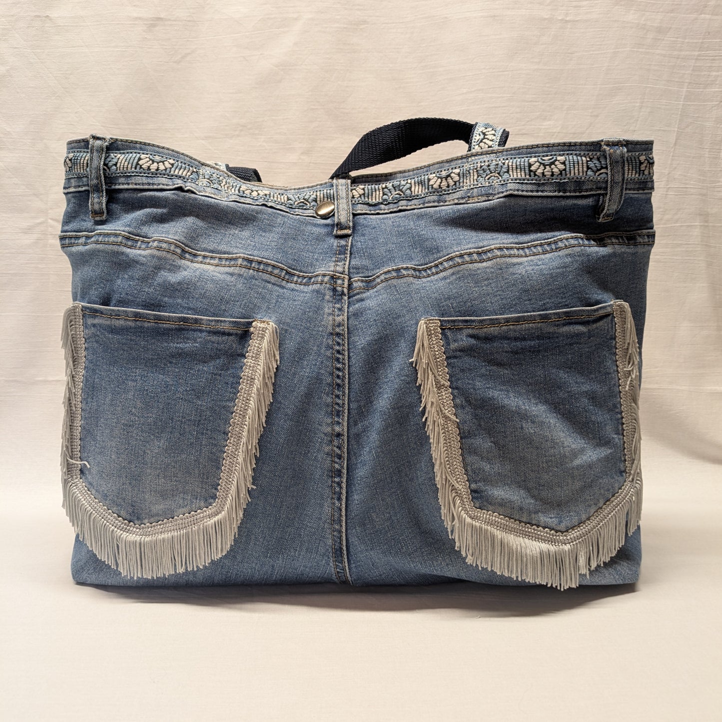 Recycled Denim Fringed Tote Bag with Blue Floral Lining