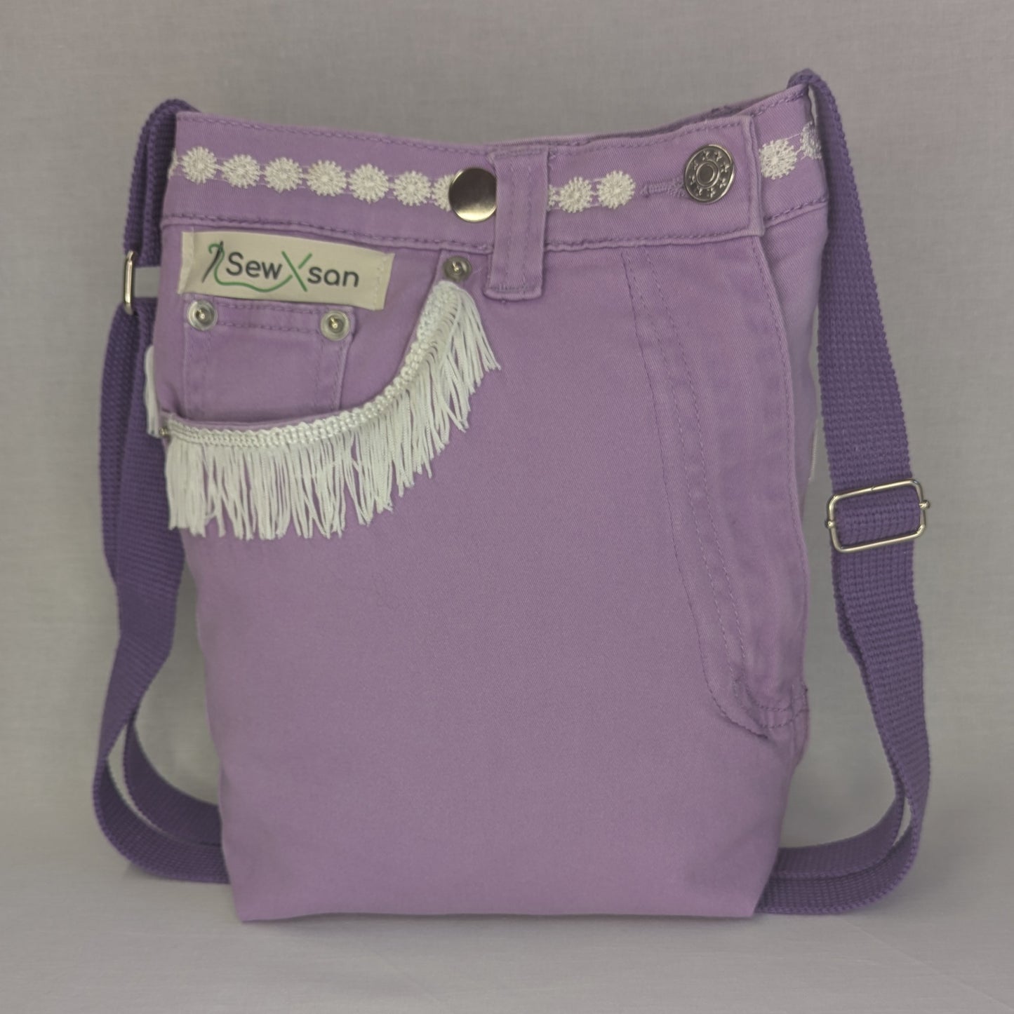 Reworked Purple Denim Crossbody Bag with White Trim