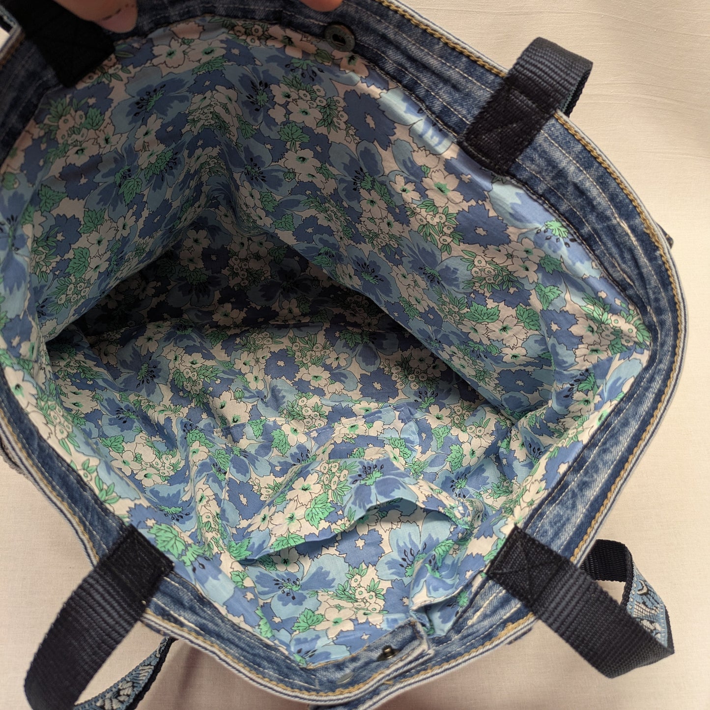 Recycled Denim Fringed Tote Bag with Blue Floral Lining