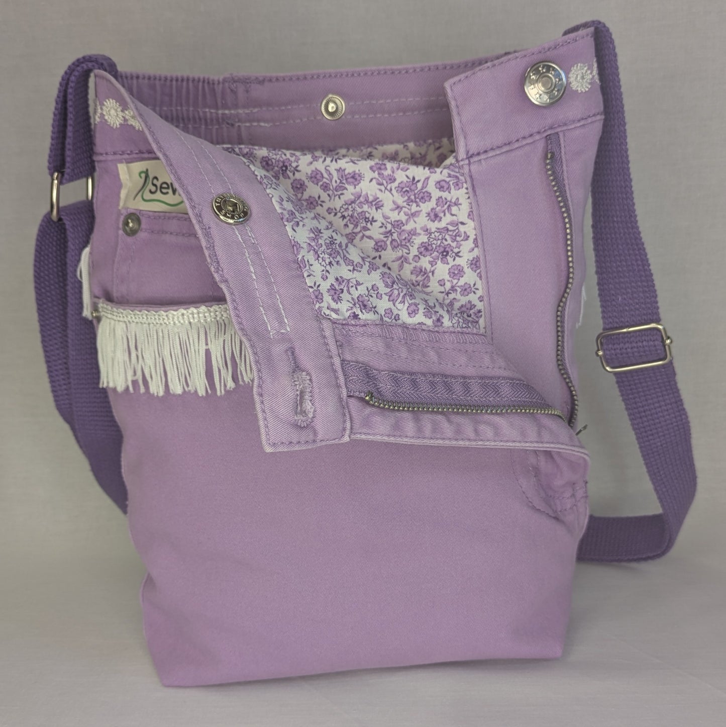 Reworked Purple Denim Crossbody Bag with White Trim