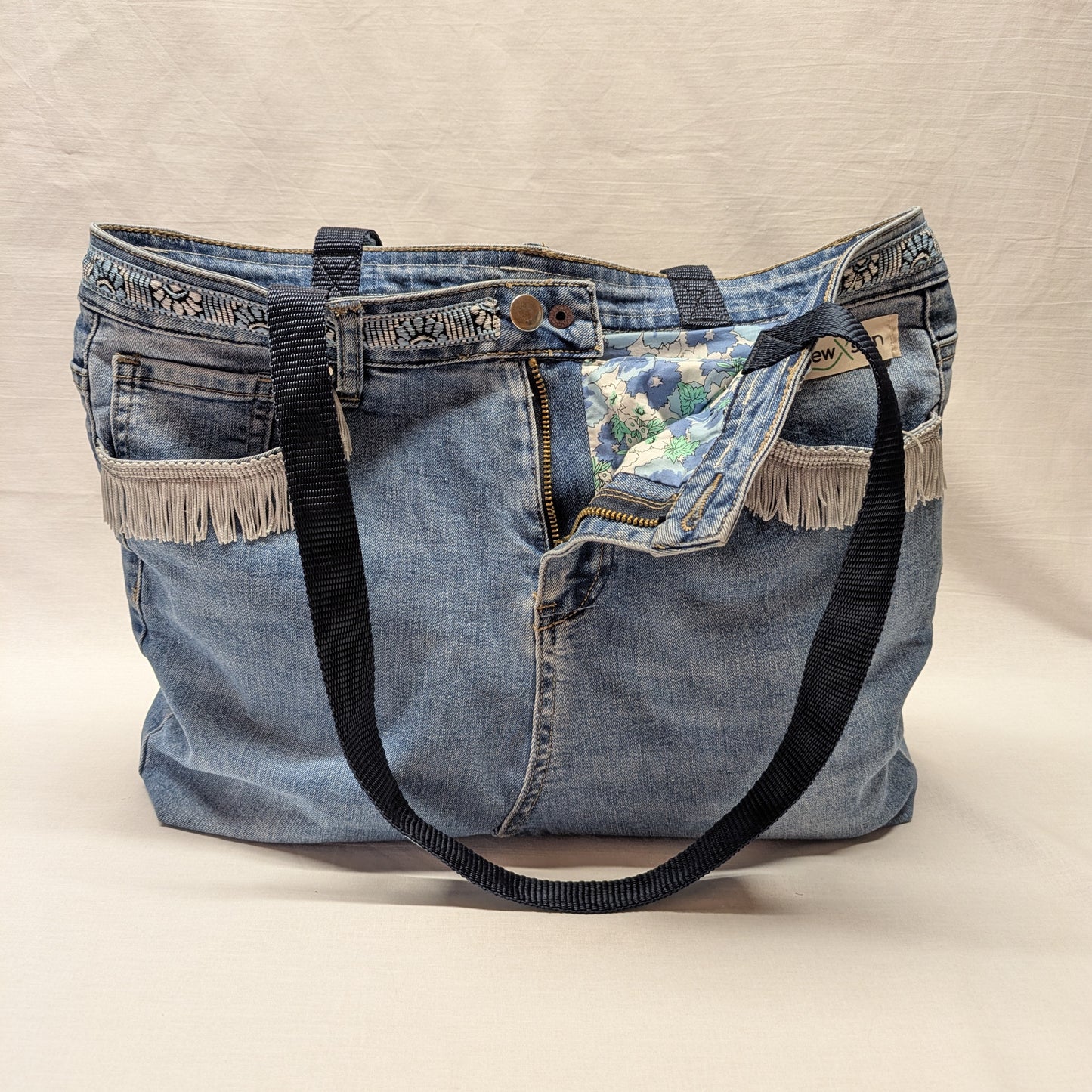 Recycled Denim Fringed Tote Bag with Blue Floral Lining
