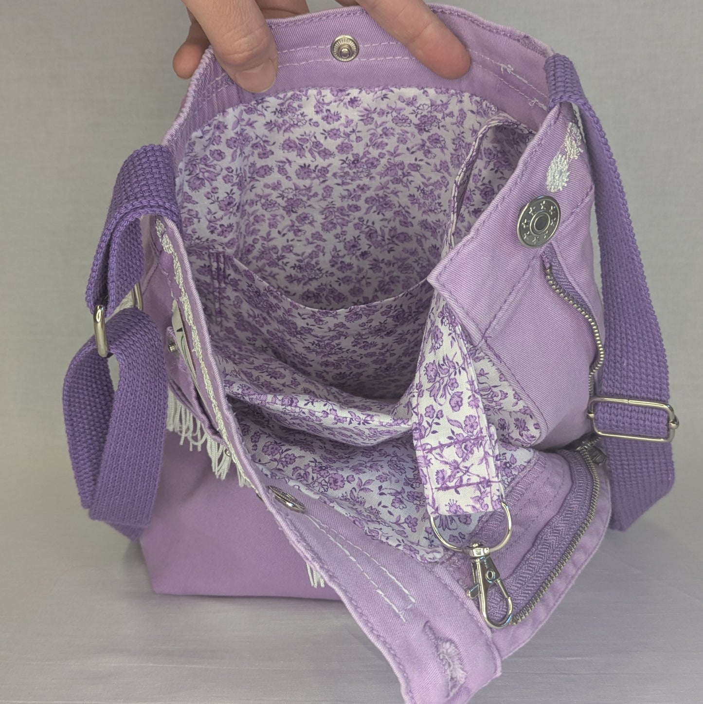 Reworked Purple Denim Crossbody Bag with White Trim
