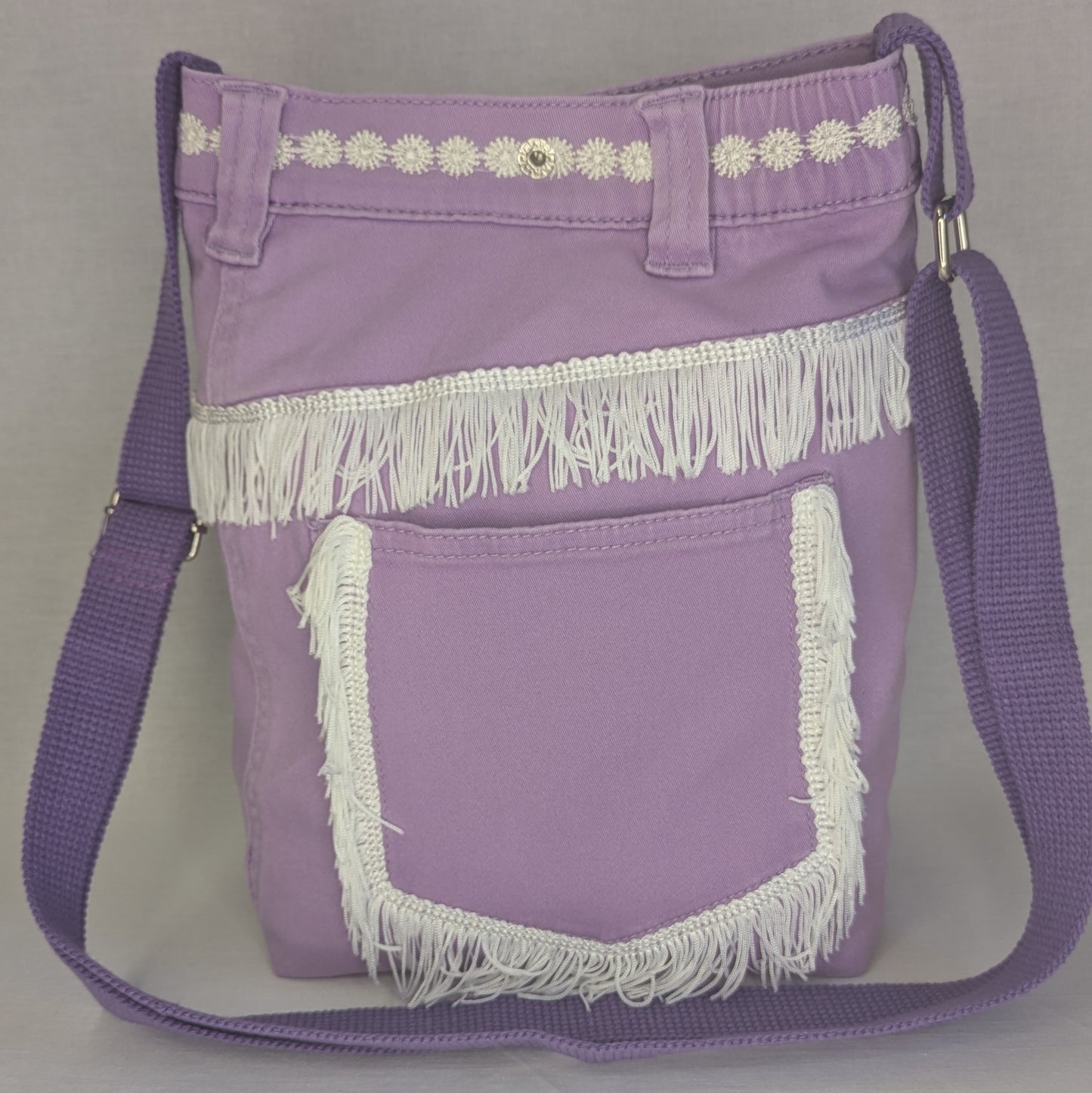 Reworked Purple Denim Crossbody Bag with White Trim