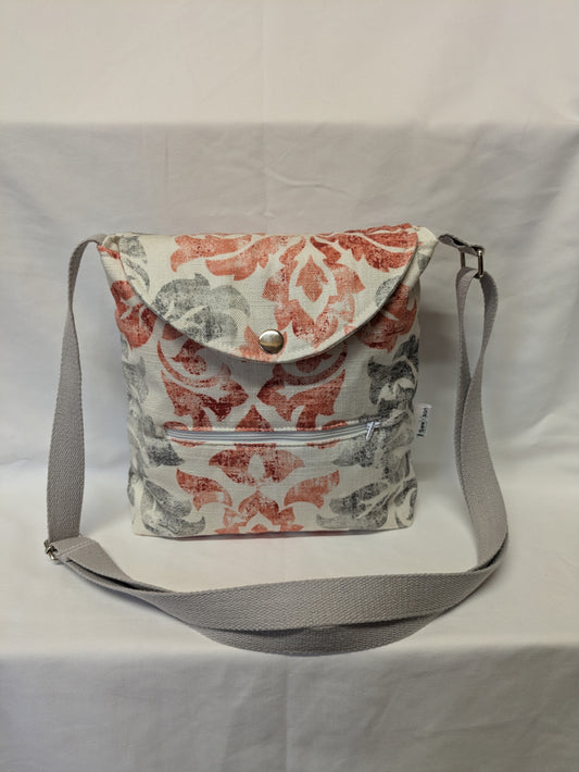 Grey & Red Print Crossbody Bag