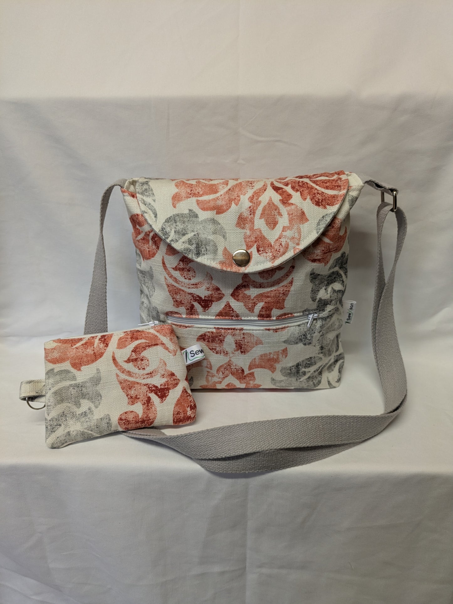 Grey & Red Print Crossbody Bag