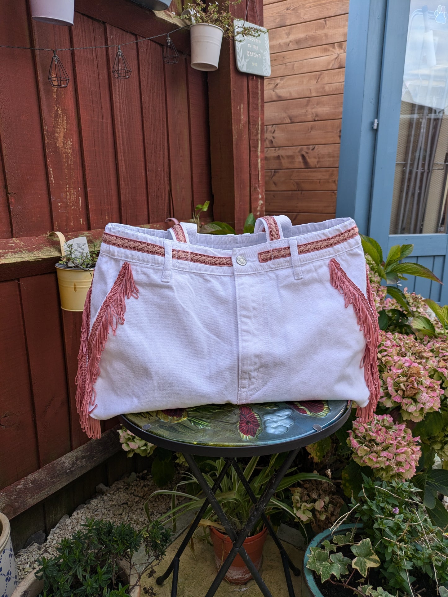 Upcycled Denim Tote Bag with Pink Fringe Trim