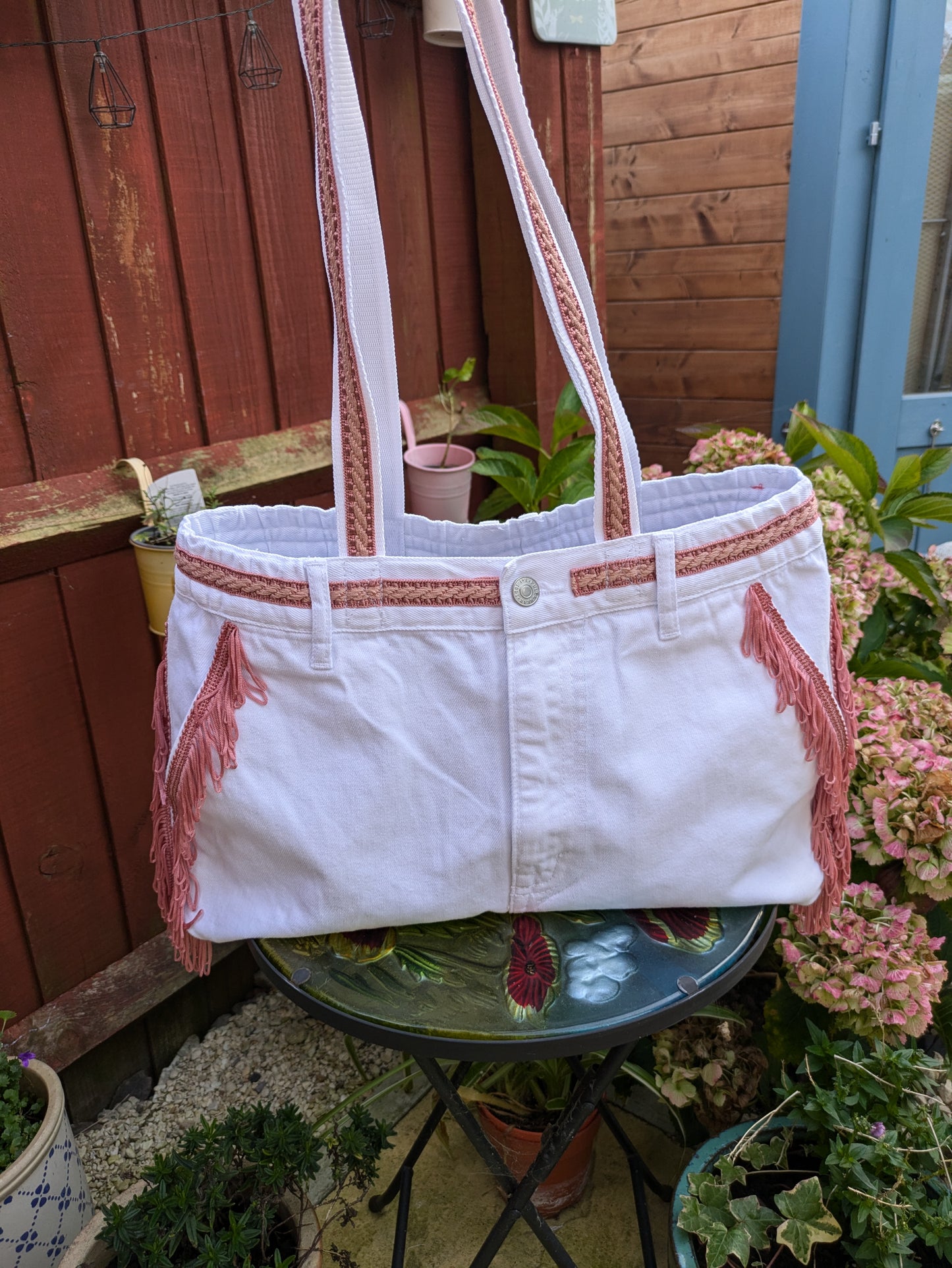 Upcycled Denim Tote Bag with Pink Fringe Trim