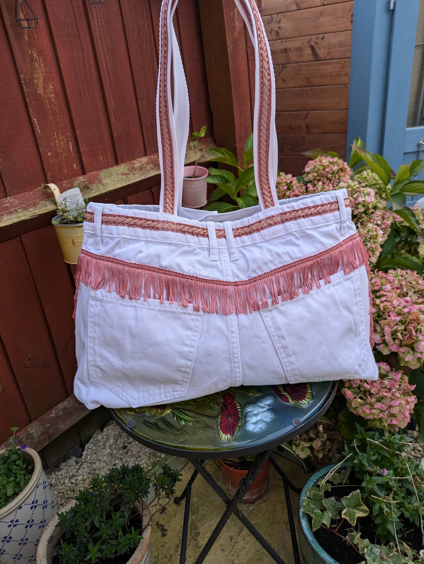 Upcycled Denim Tote Bag with Pink Fringe Trim