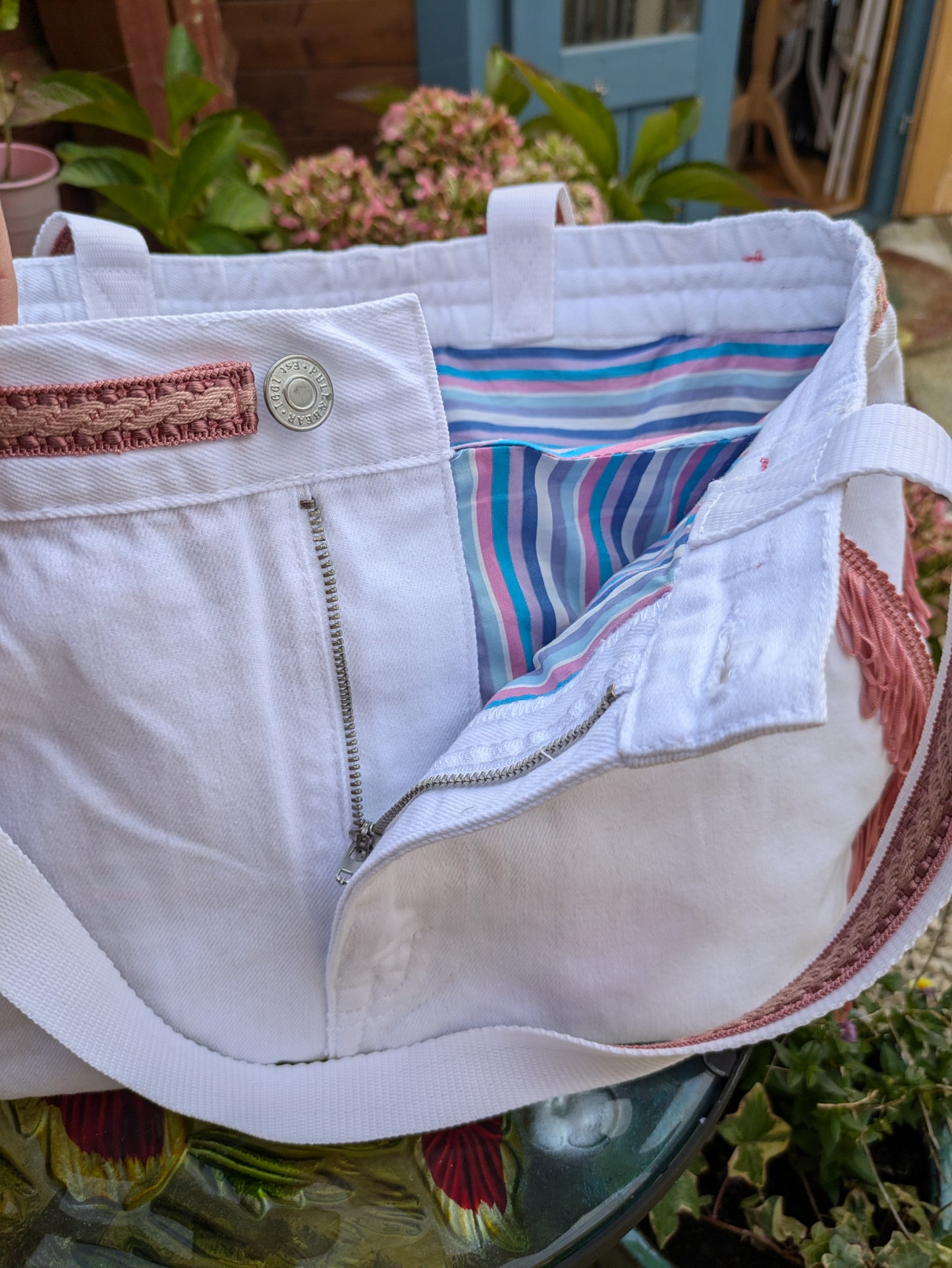 Upcycled Denim Tote Bag with Pink Fringe Trim