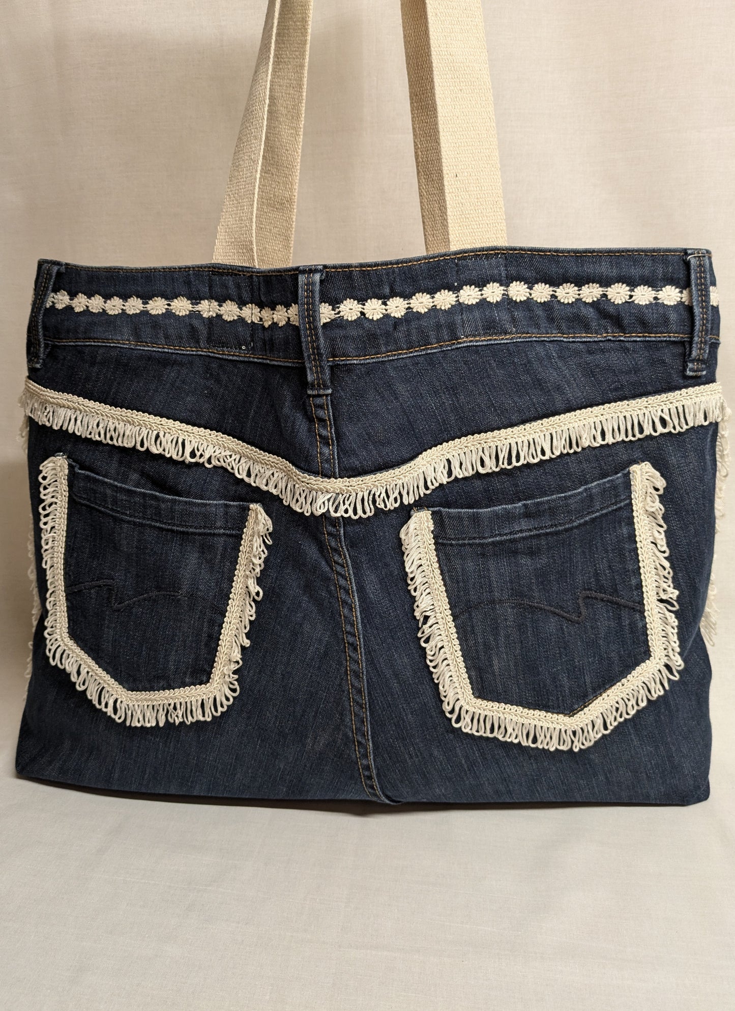 Recycled Denim Bag with White Fringe