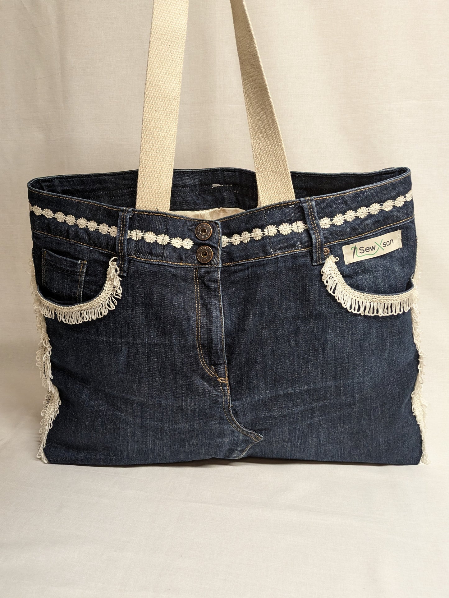 Recycled Denim Bag with White Fringe