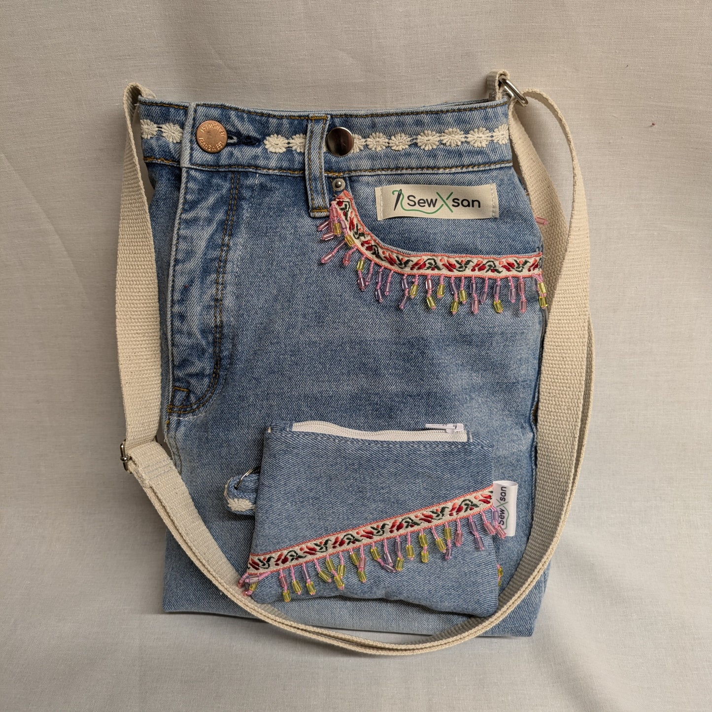 Upcycled Denim Bag with Floral and Beaded Trim