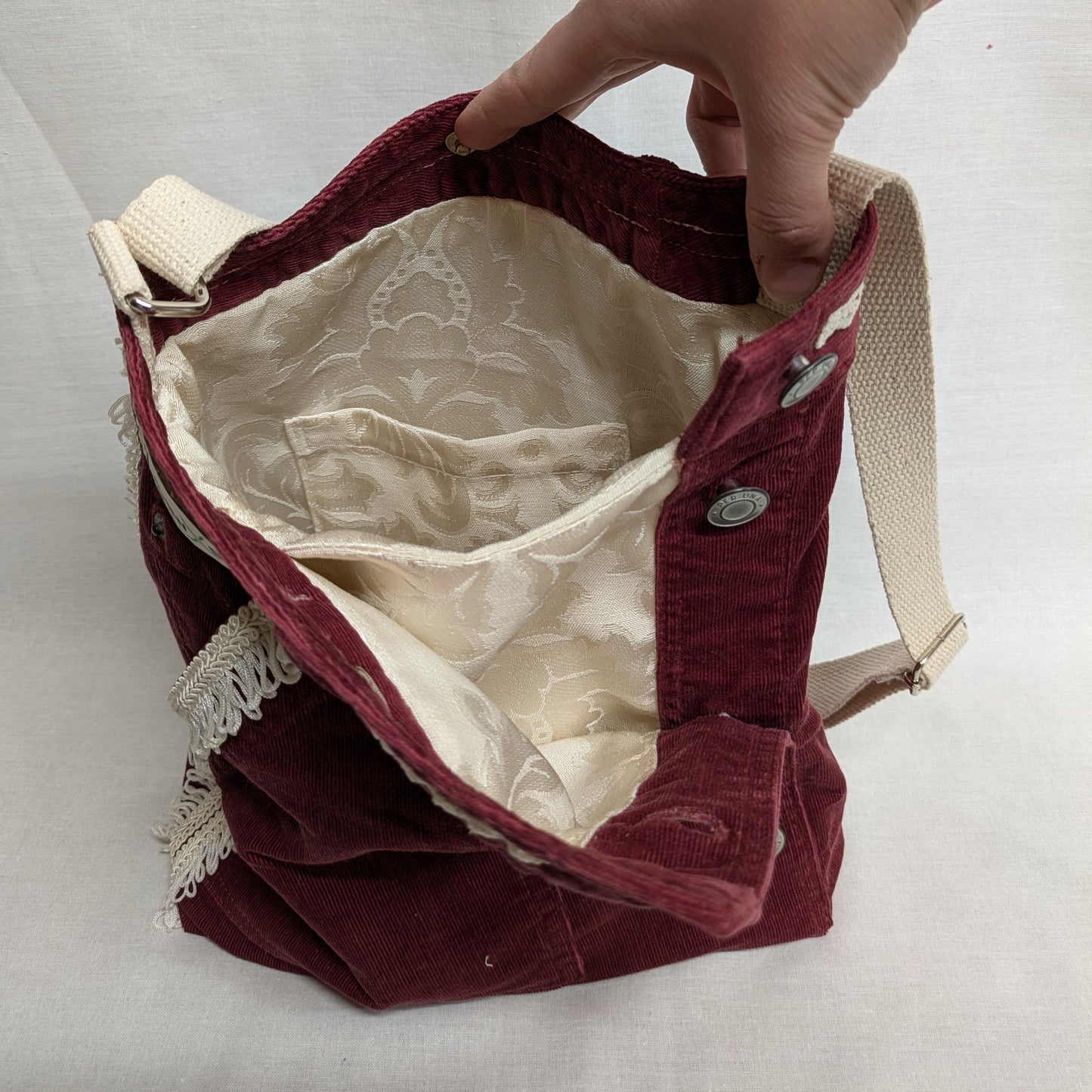 Upcycled Red Corduroy Bag with Lace Trim