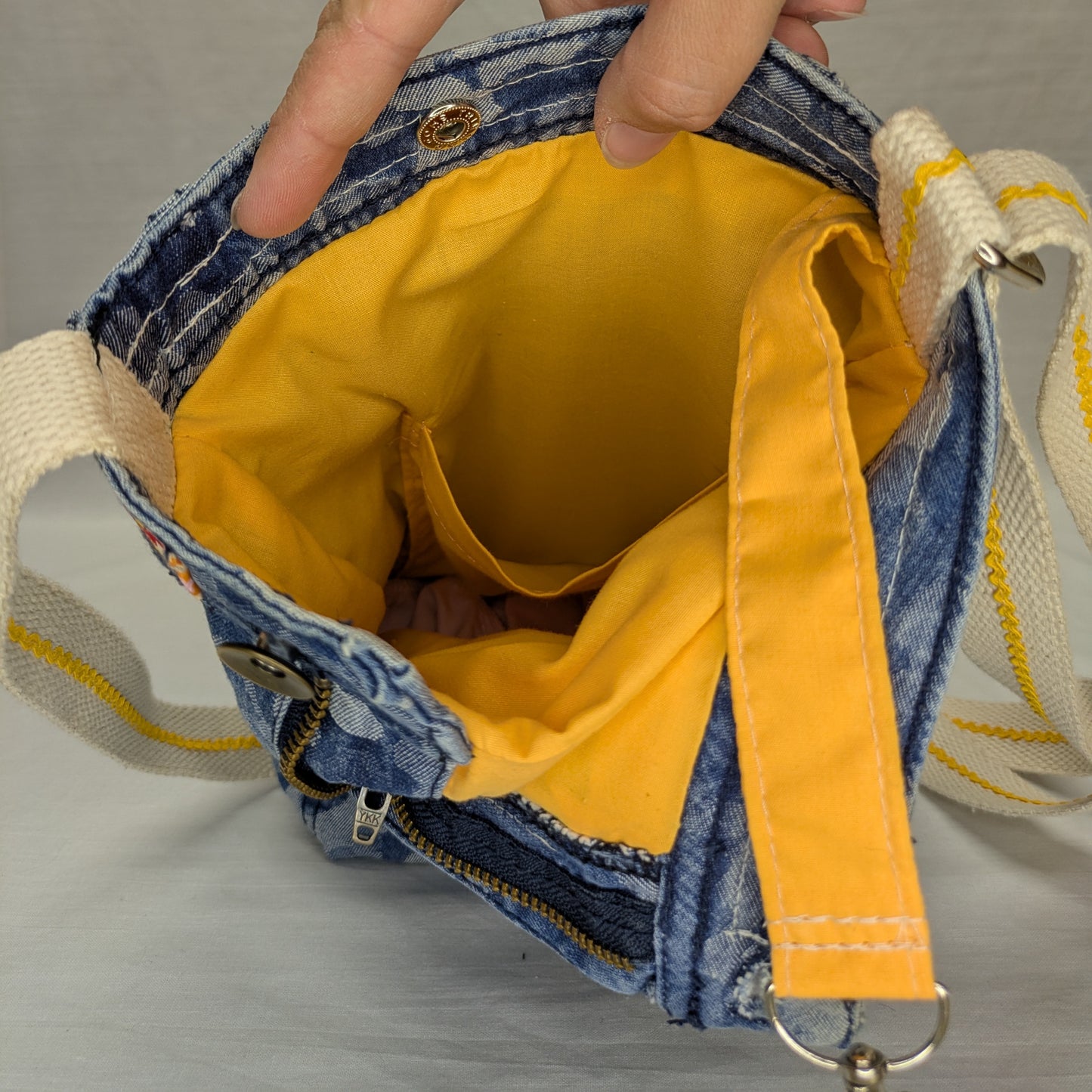 Recycled Denim Camo Crossbody Bag with Yellow and Orange Trim