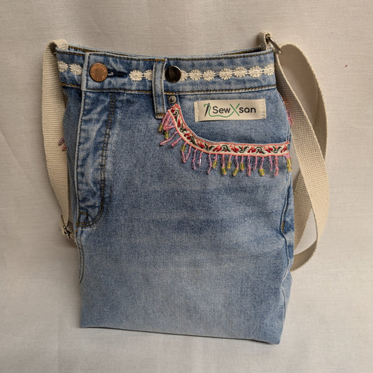 Upcycled Denim Bag with Floral and Beaded Trim