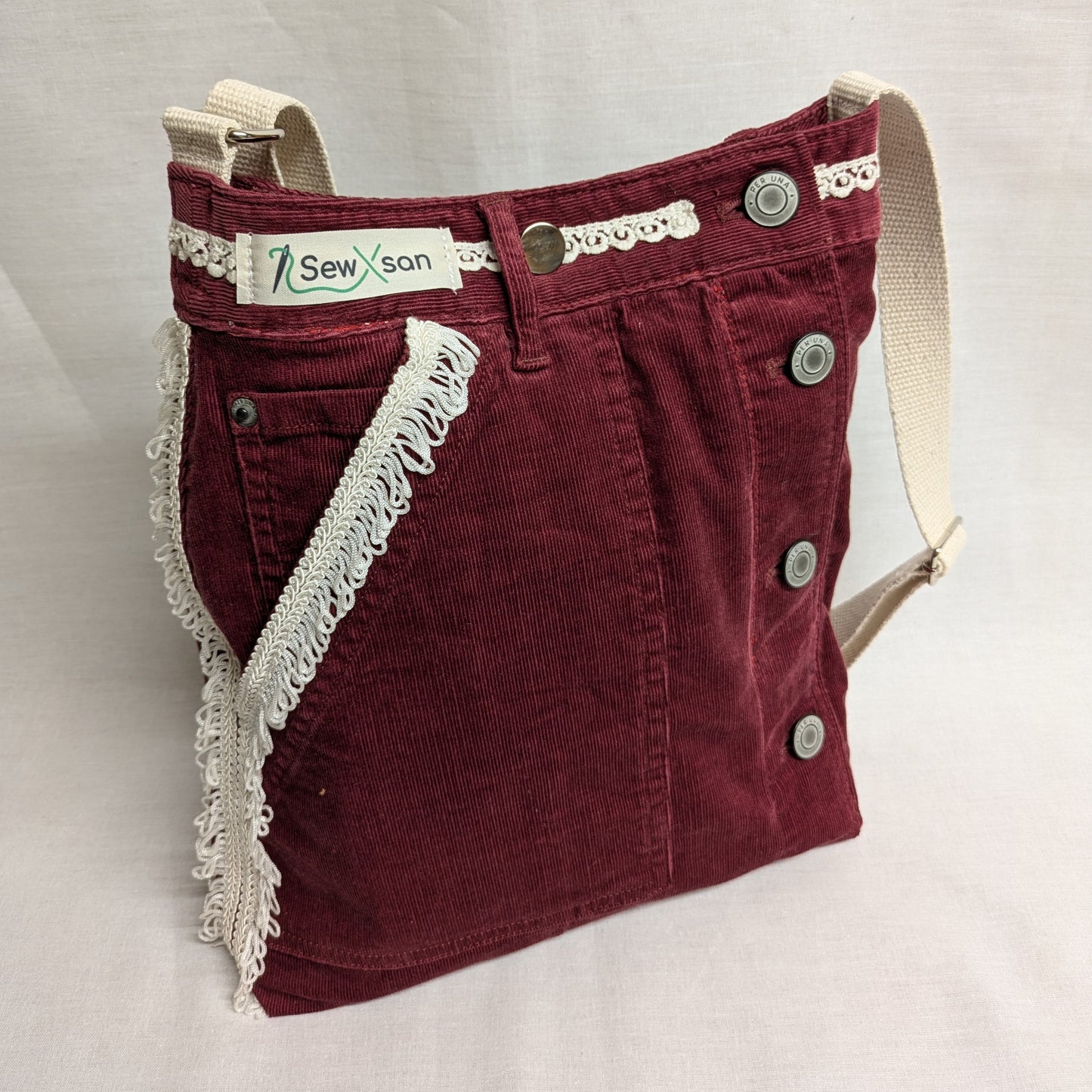 Upcycled Red Corduroy Bag with Lace Trim