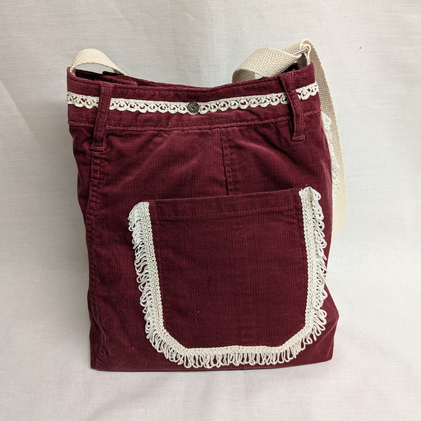 Upcycled Red Corduroy Bag with Lace Trim