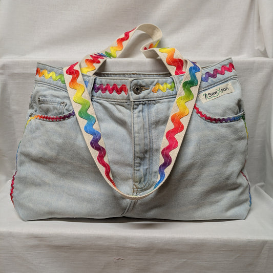 Recycled Light Denim & Rainbow Trim Bag