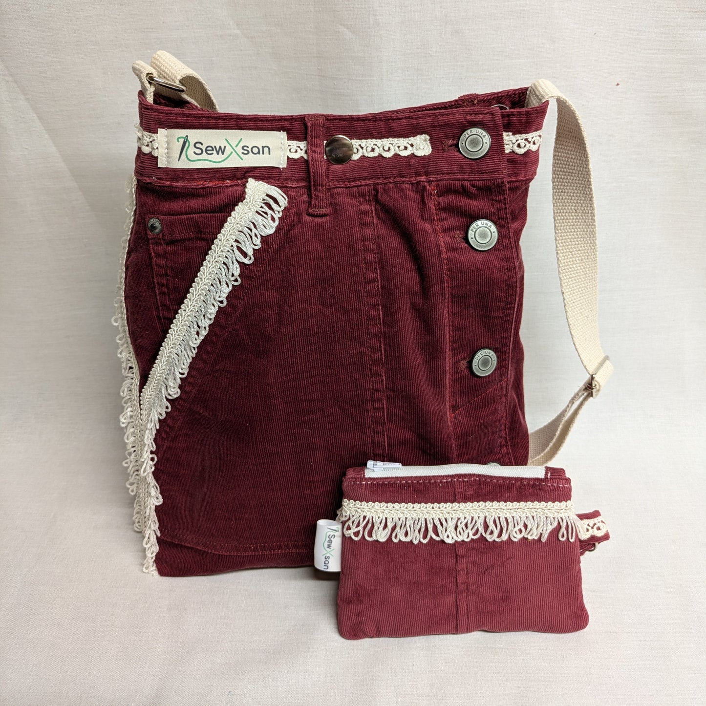 Upcycled Red Corduroy Bag with Lace Trim