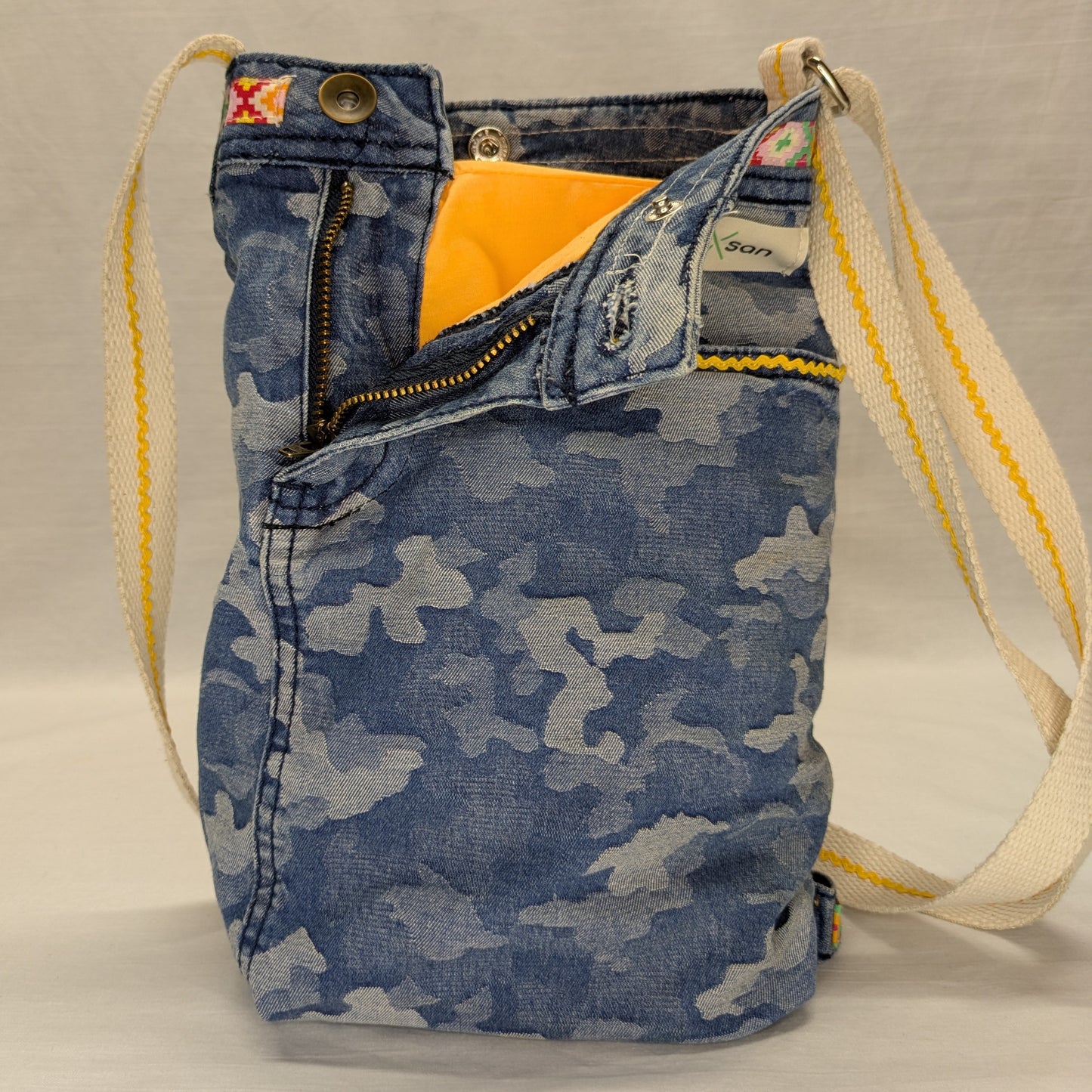 Recycled Denim Camo Crossbody Bag with Yellow and Orange Trim