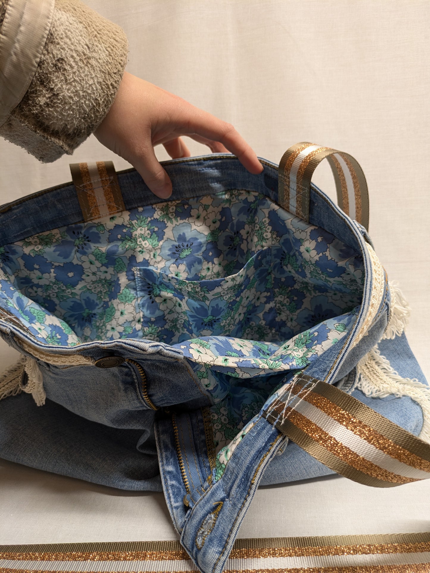 Blue and Cream Denim Bag