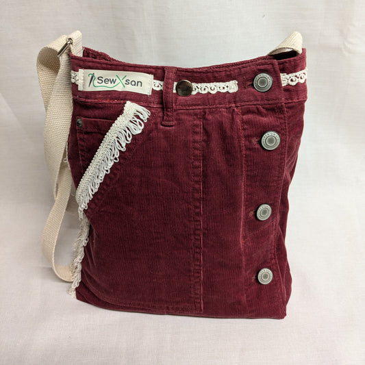 Upcycled Red Corduroy Bag with Lace Trim