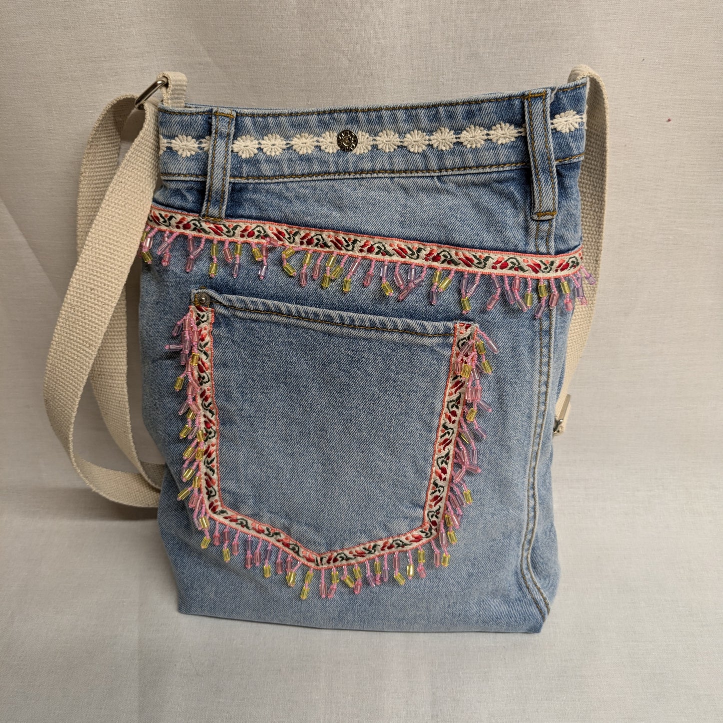 Upcycled Denim Bag with Floral and Beaded Trim